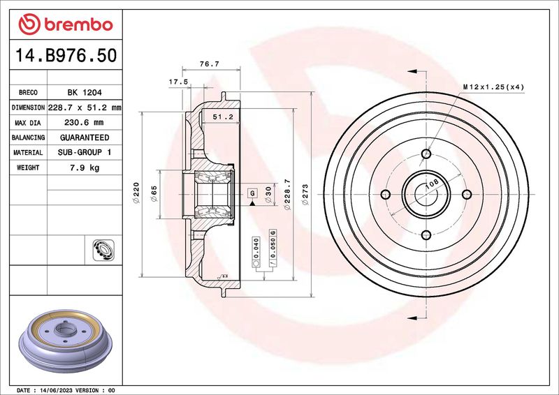 BREMBO 14.B976.50 Brake Drum