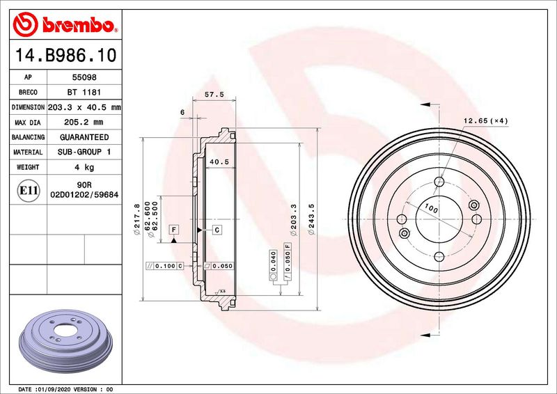 BREMBO 14.B986.10 Brake Drum
