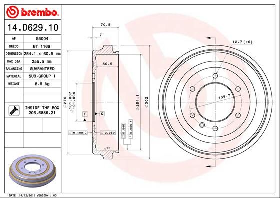 BREMBO 14.D629.10 Brake Drum