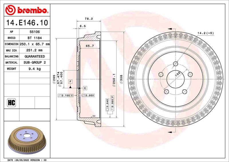 BREMBO 14.E146.10 Brake Drum
