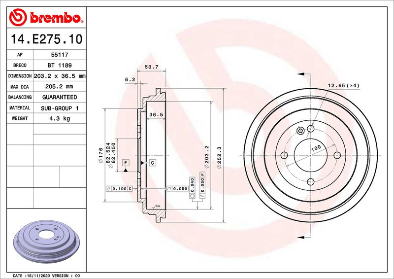 BREMBO 14.E275.10 Brake Drum