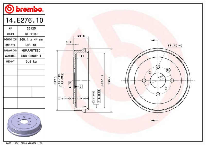 BREMBO 14.E276.10 Brake Drum