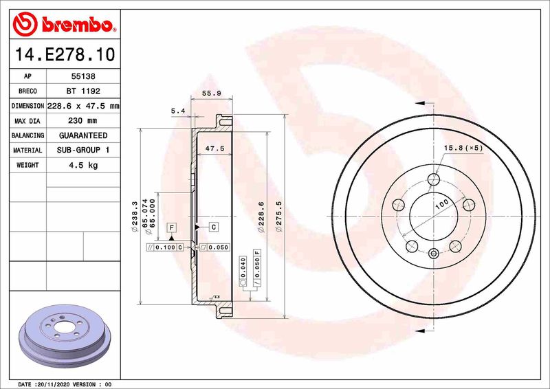 BREMBO 14.E278.10 Brake Drum