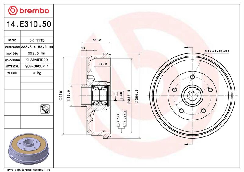 BREMBO 14.E310.50 Brake Drum