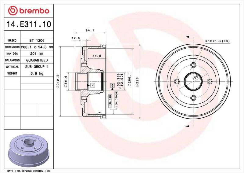 BREMBO 14.E311.10 Brake Drum
