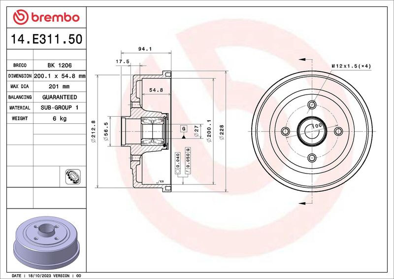 BREMBO 14.E311.50 Brake Drum