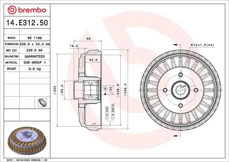 BREMBO 14.E312.50 Brake Drum