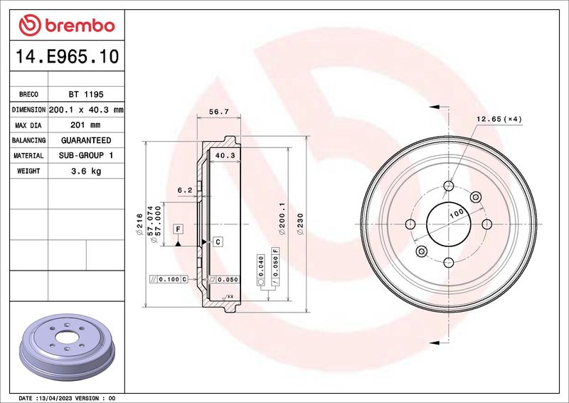 BREMBO 14.E965.10 Brake Drum