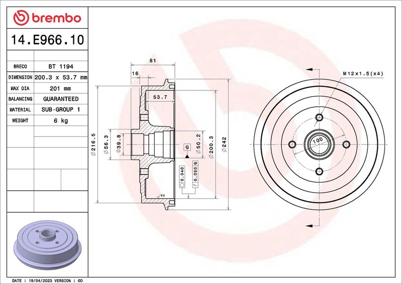 BREMBO 14.E966.10 Brake Drum