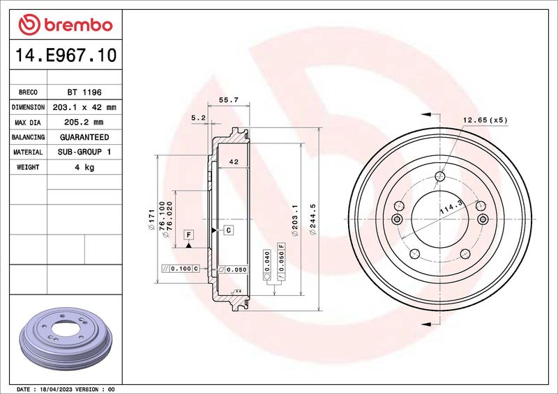 BREMBO 14.E967.10 Brake Drum