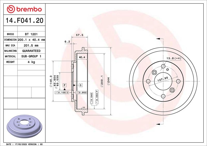 BREMBO 14.F041.20 Brake Drum
