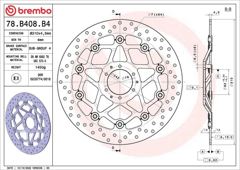 BREMBO 78B408B4 Brake Disc