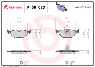 Brake Pad Set, disc brake BREMBO P 06 023