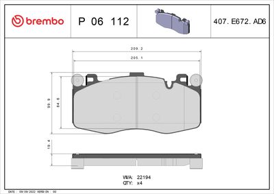Brake Pad Set, disc brake BREMBO P 06 112