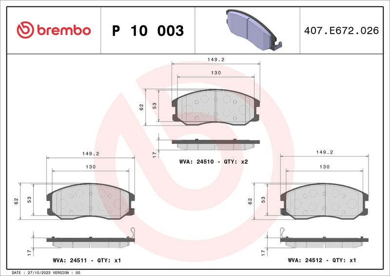 BREMBO P 10 003 Brake Pad Set, disc brake
