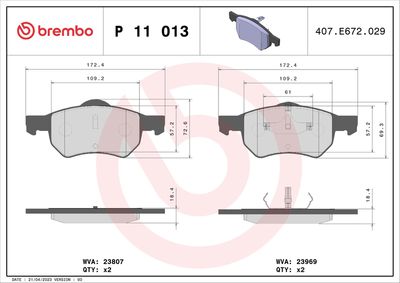 Brake Pad Set, disc brake BREMBO P 11 013