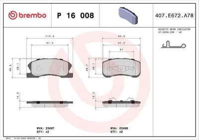 Brake Pad Set, disc brake BREMBO P 16 008