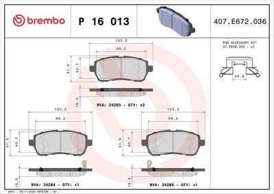 Brake Pad Set, disc brake BREMBO P 16 013