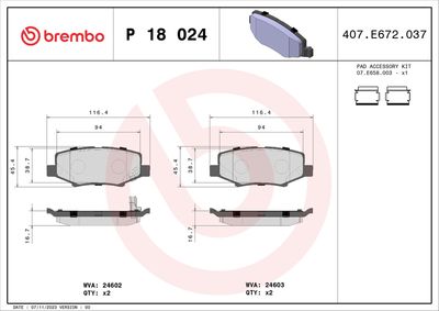 Brake Pad Set, disc brake BREMBO P 18 024