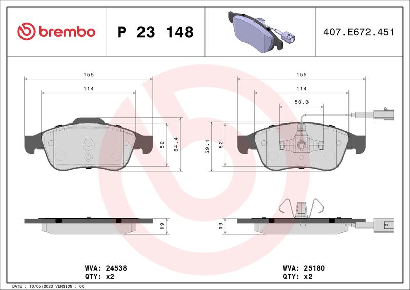 BREMBO P 23 148X Brake Pad Set, disc brake