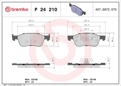 Brake Pad Set, disc brake BREMBO P 24 210