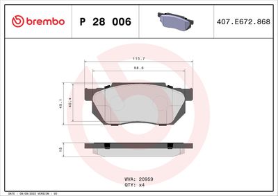 Brake Pad Set, disc brake BREMBO P 28 006