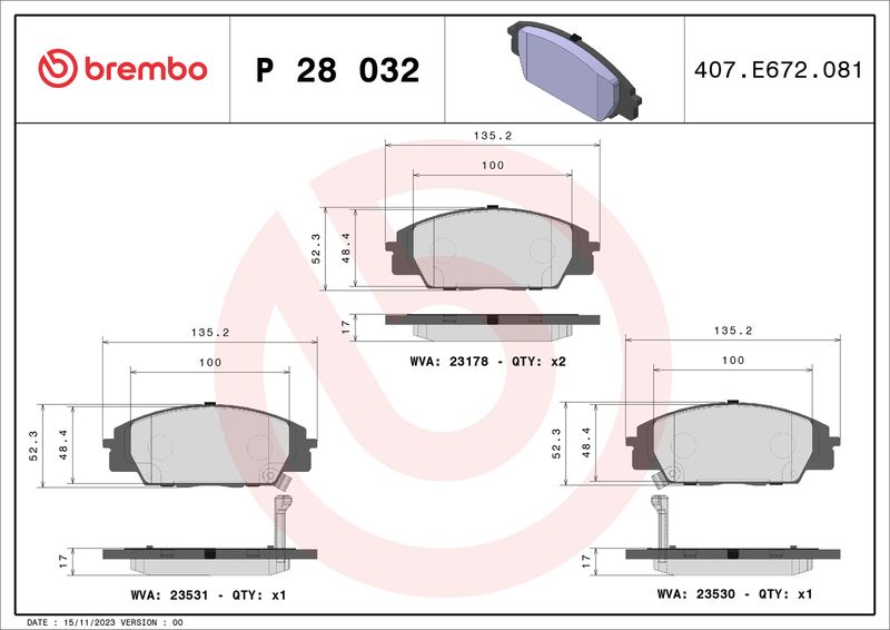 BREMBO P 28 032 Brake Pad Set, disc brake