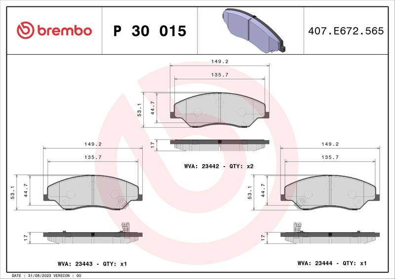 BREMBO P 30 015 Brake Pad Set, disc brake