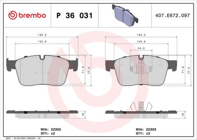 Brake Pad Set, disc brake BREMBO P 36 031