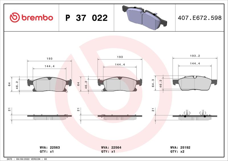 BREMBO P 37 022 Brake Pad Set, disc brake