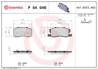 Brake Pad Set, disc brake BREMBO P 54 046