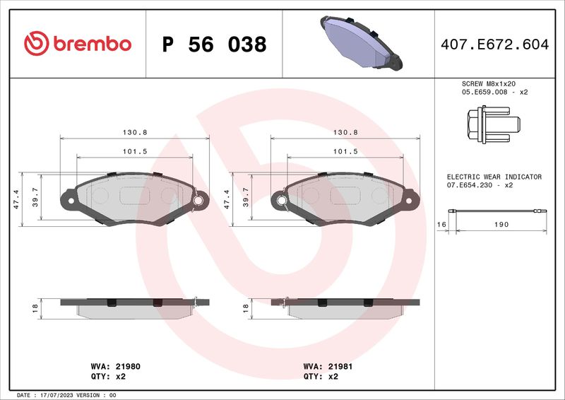 BREMBO P 56 038 Brake Pad Set, disc brake
