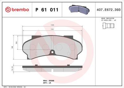 Brake Pad Set, disc brake BREMBO P 61 011