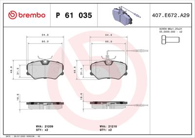 Brake Pad Set, disc brake BREMBO P 61 035