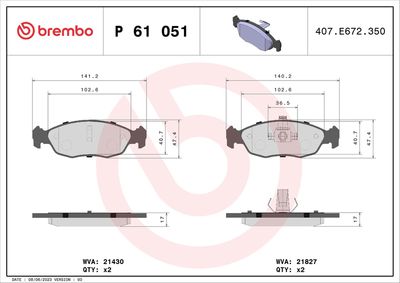 Brake Pad Set, disc brake BREMBO P 61 051