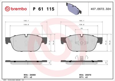 Brake Pad Set, disc brake BREMBO P 61 115X