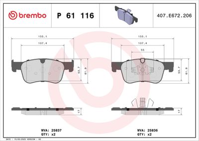 Brake Pad Set, disc brake BREMBO P 61 116