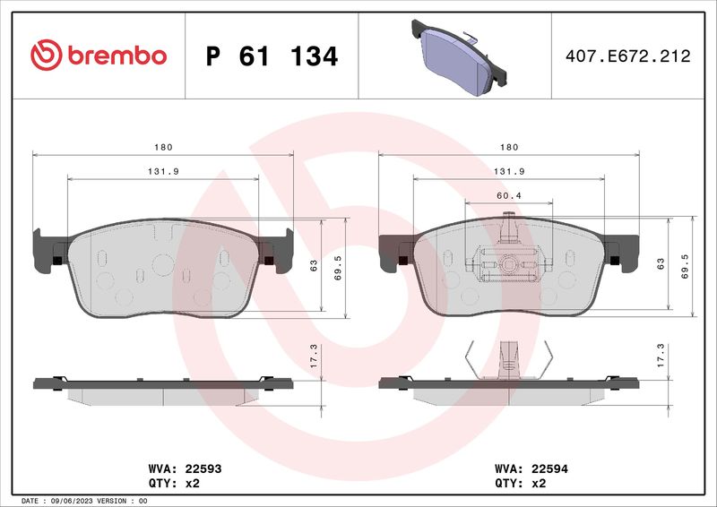 BREMBO P 61 134 Brake Pad Set, disc brake