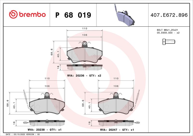 BREMBO P 68 019 Brake Pad Set, disc brake