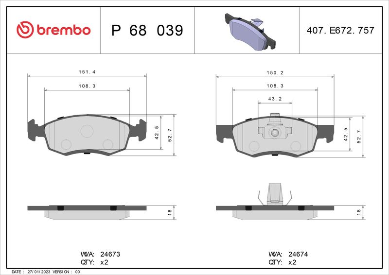 BREMBO P 68 039 Brake Pad Set, disc brake