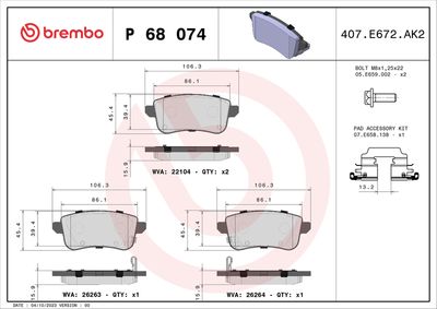 Brake Pad Set, disc brake BREMBO P 68 074