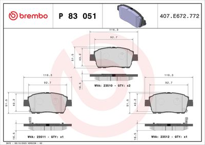 Brake Pad Set, disc brake BREMBO P 83 051
