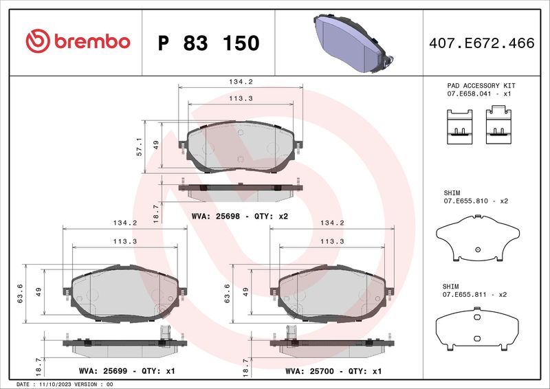 BREMBO P 83 150 Brake Pad Set, disc brake