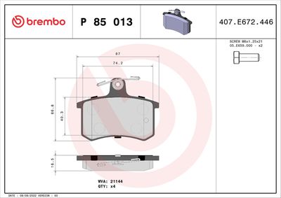 Brake Pad Set, disc brake BREMBO P 85 013