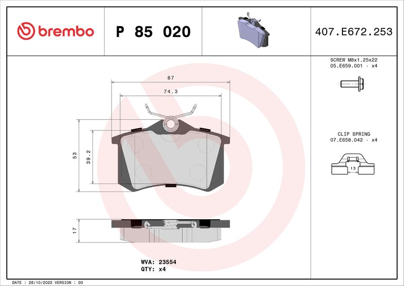 BREMBO P 85 020X Brake Pad Set, disc brake