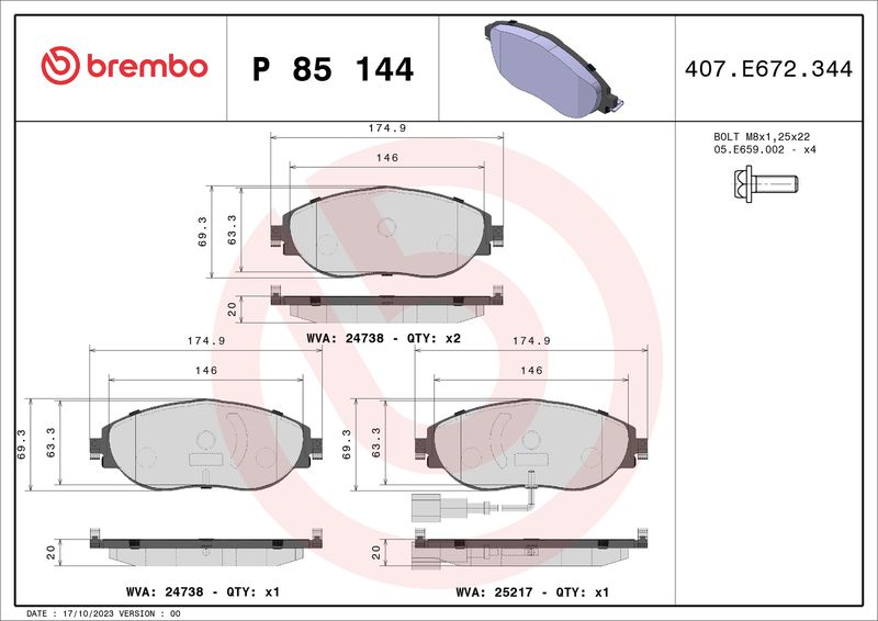 BREMBO P 85 144X Brake Pad Set, disc brake
