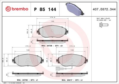 Brake Pad Set, disc brake BREMBO P 85 144X