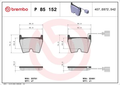 Brake Pad Set, disc brake BREMBO P 85 152X