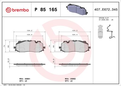 Brake Pad Set, disc brake BREMBO P 85 165X