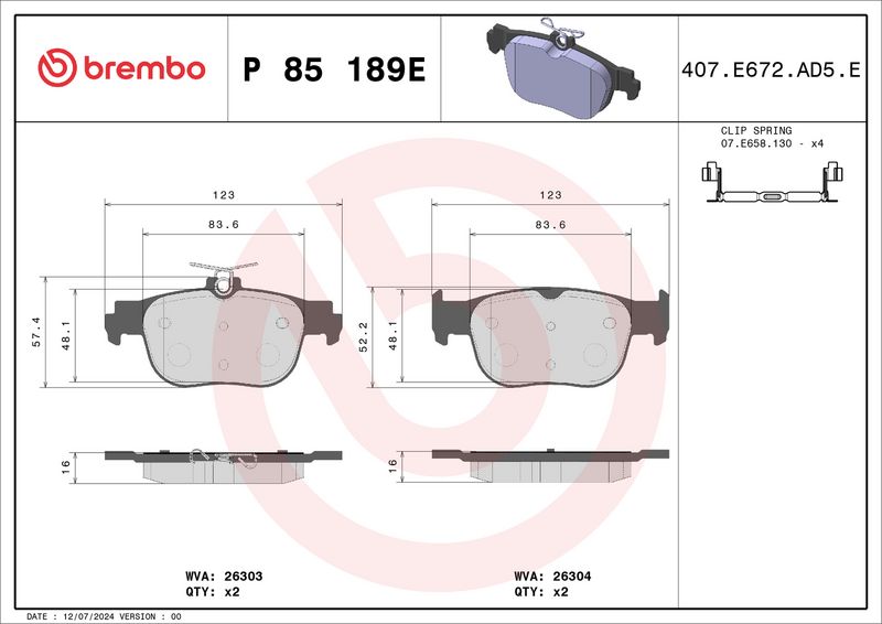 BREMBO P 85 189E Brake Pad Set, disc brake